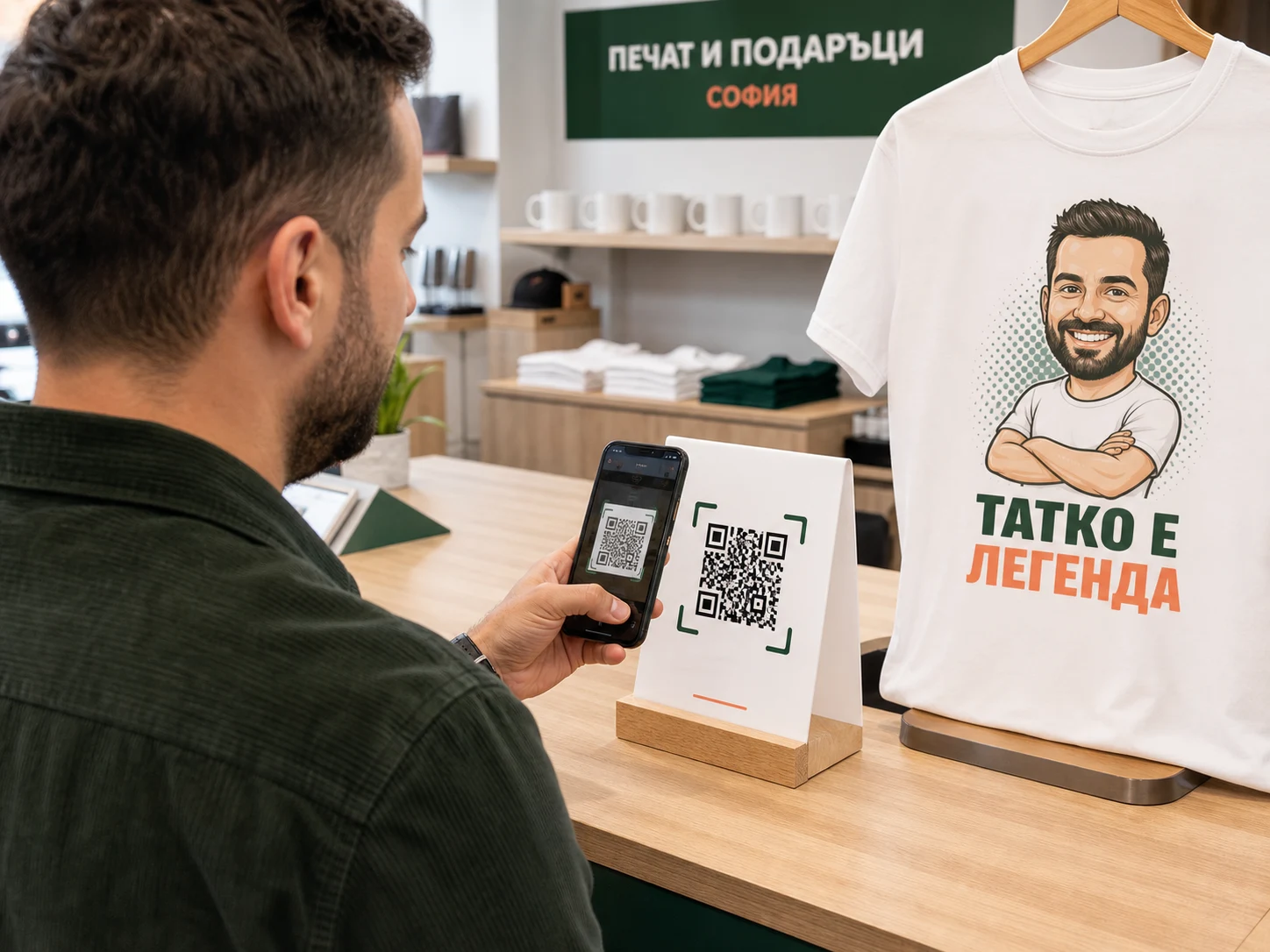 Клиент сканира QR код на щанда с телефона си